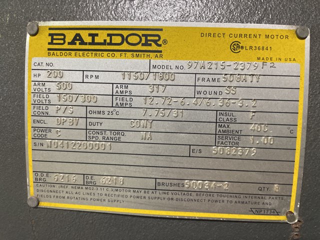 Baldor 200 HP 1150/1800 RPM 506/8AT DC Motors 90348