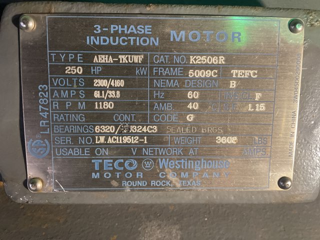 Teco Westinghouse 250 HP 1200 RPM 5009C Squirrel Cage Motors 90454