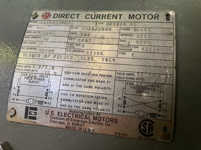 US Electric 400 HP 1750/1900 RPM 508AT DC Motors 90459