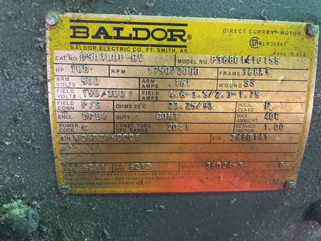 Baldor 100 HP 1750/2000 RPM 368AT DC Motors 90460