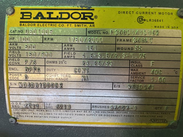 Baldor 100 HP 1750/2000 RPM 368AT DC Motors 90461