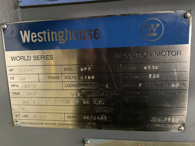 Westinghouse 2000 HP 3600 RPM 4510 Squirrel Cage Motors 90465