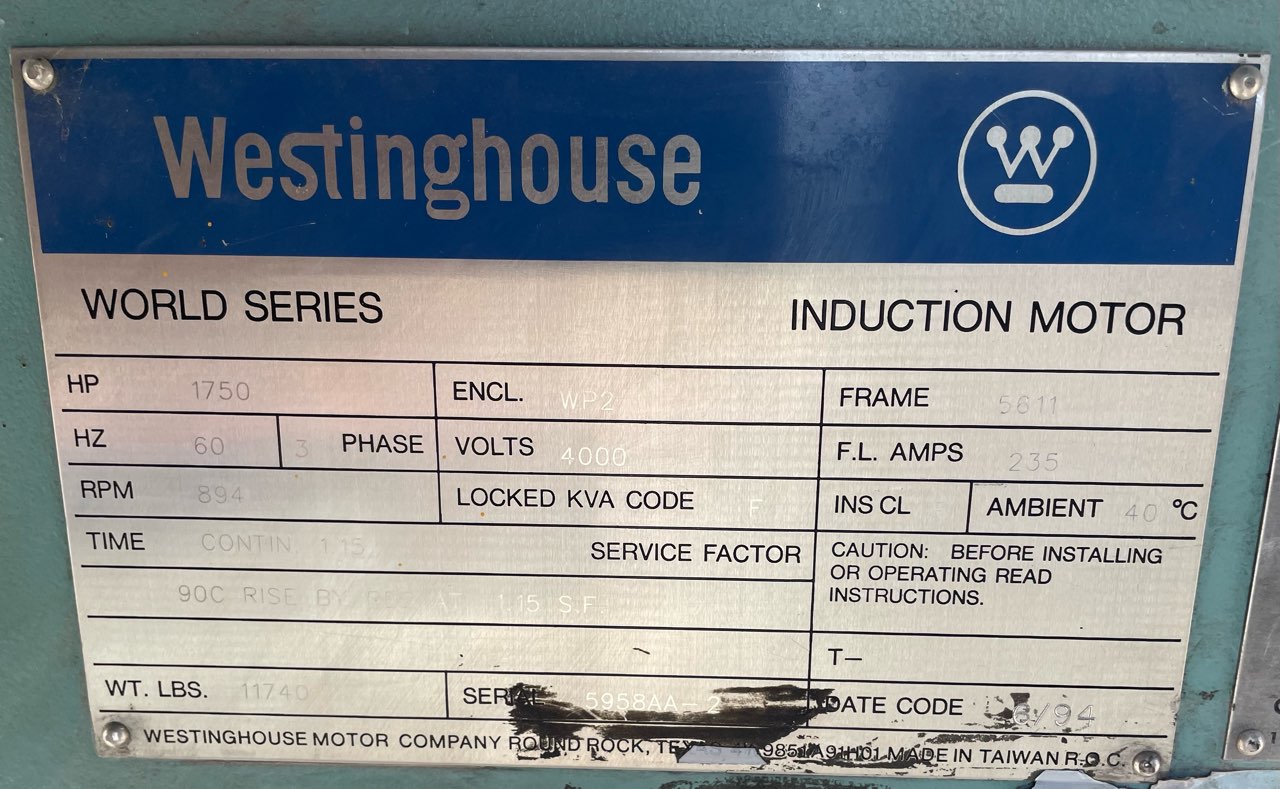 Westinghouse 1750 HP 900 RPM 5611 Squirrel Cage Motors 90471