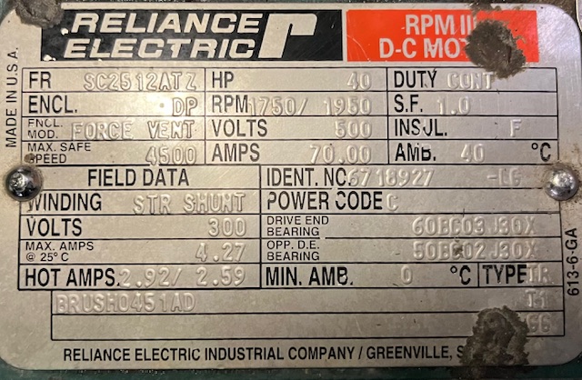 Reliance 40 HP 1750/1950 RPM SC2512ATZ DC Motors 90483
