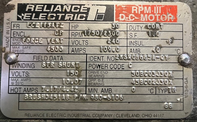Reliance 30 HP 1750/2300 RPM LC2113ATZ DC Motors 90484