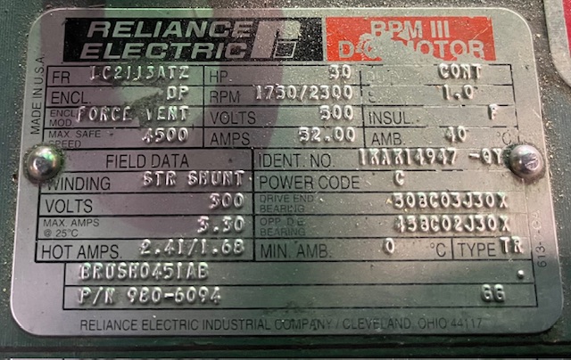 Reliance 30 HP 1750/2300 RPM LC2113ATZ DC Motors 90486