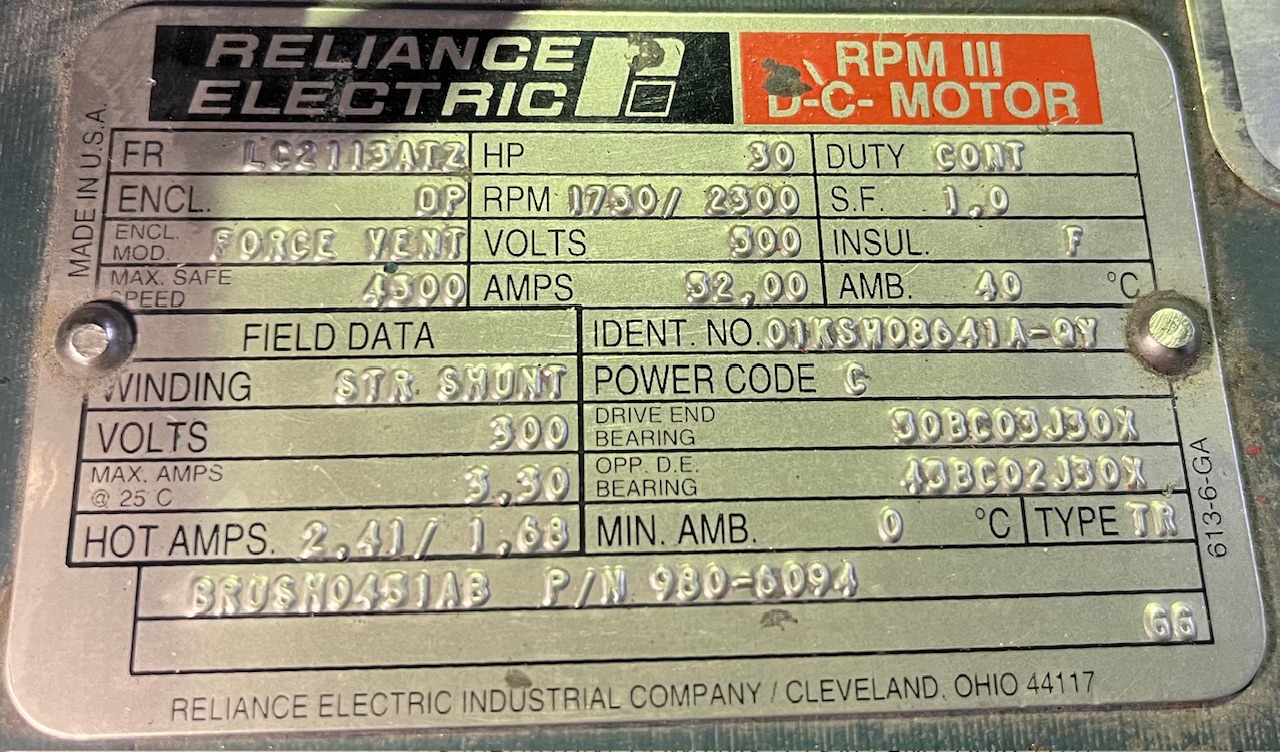 Reliance 30 HP 1750/2300 RPM LC2113ATZ DC Motors 90487