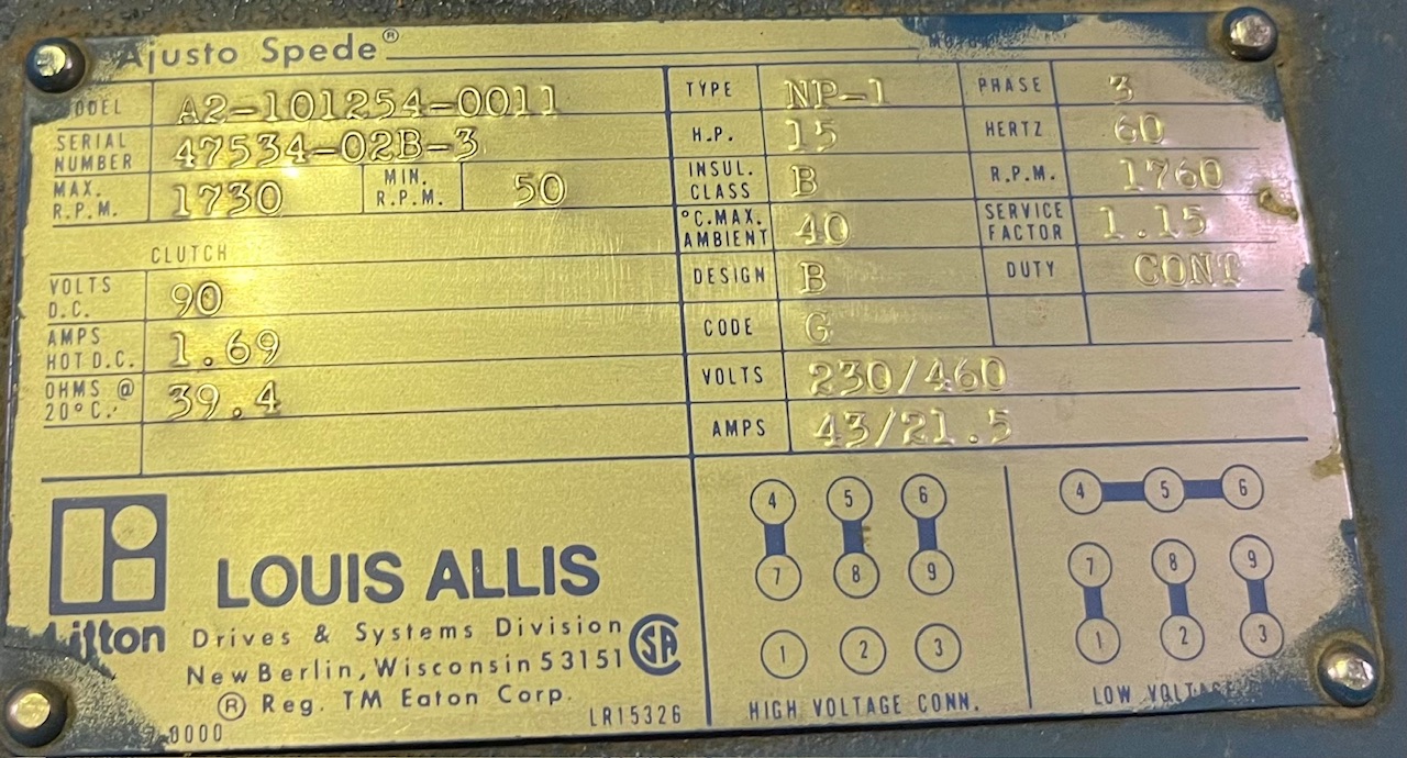 Louis-Allis 15 HP 50 RPM Variable Speed Motors 90494