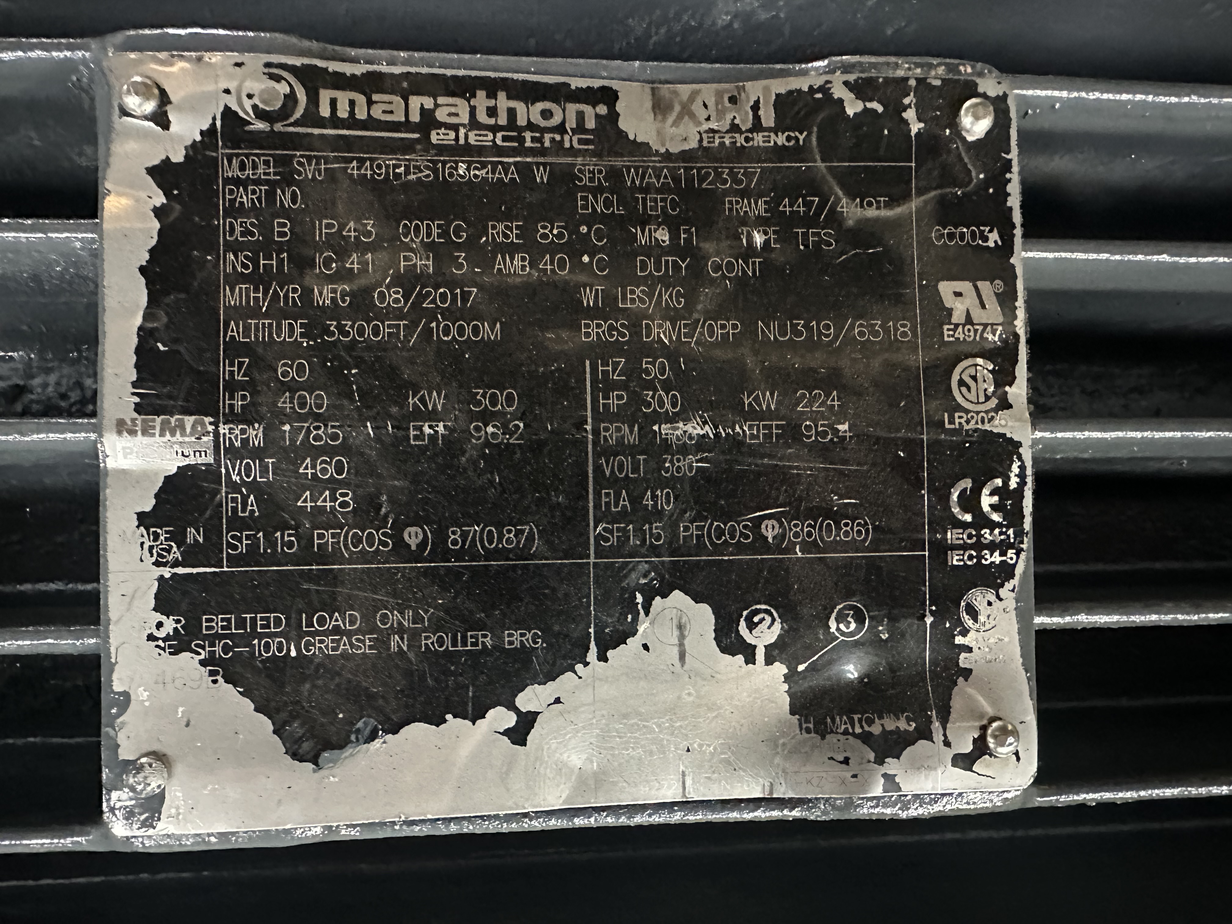 Marathon 400 HP 1800 RPM 447/9T Squirrel Cage Motors 90534