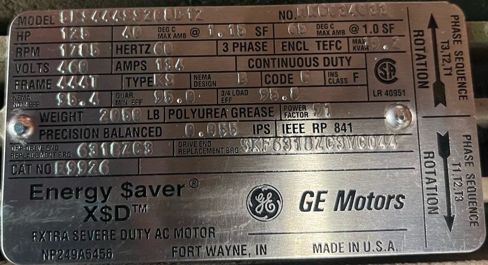 General Electric 125 HP 1800 RPM 444T Squirrel Cage Motors 90614