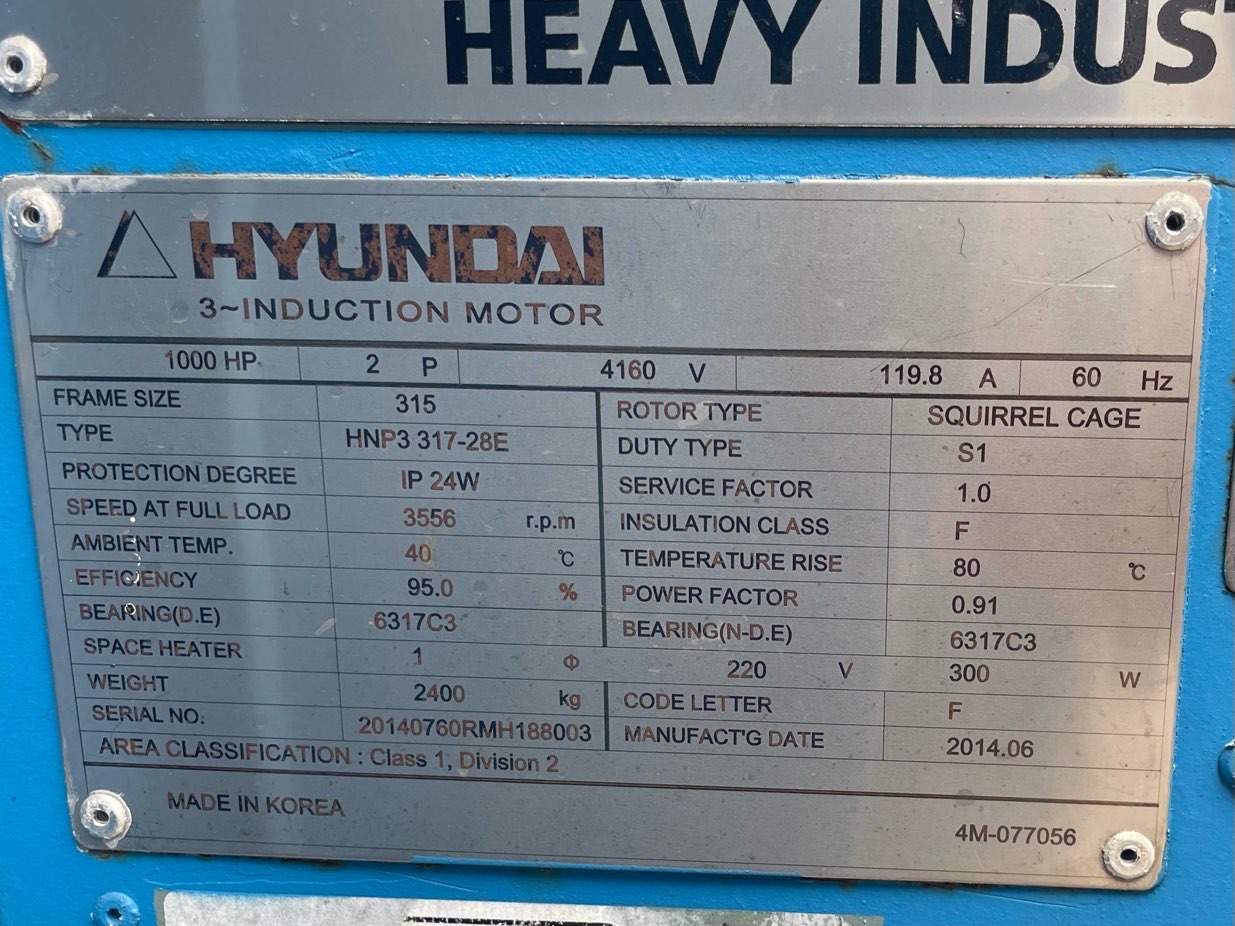 Hyundai 1000 HP 3600 RPM 315 Squirrel Cage Motors 90712