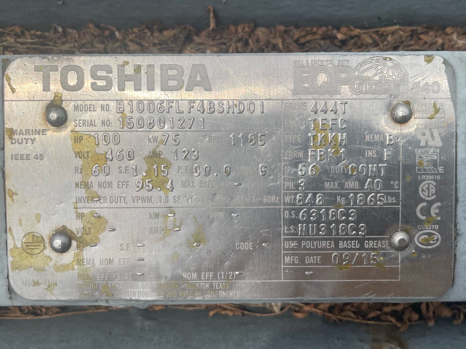 Toshiba 100 HP 1200 RPM 444T Squirrel Cage Motors 90764