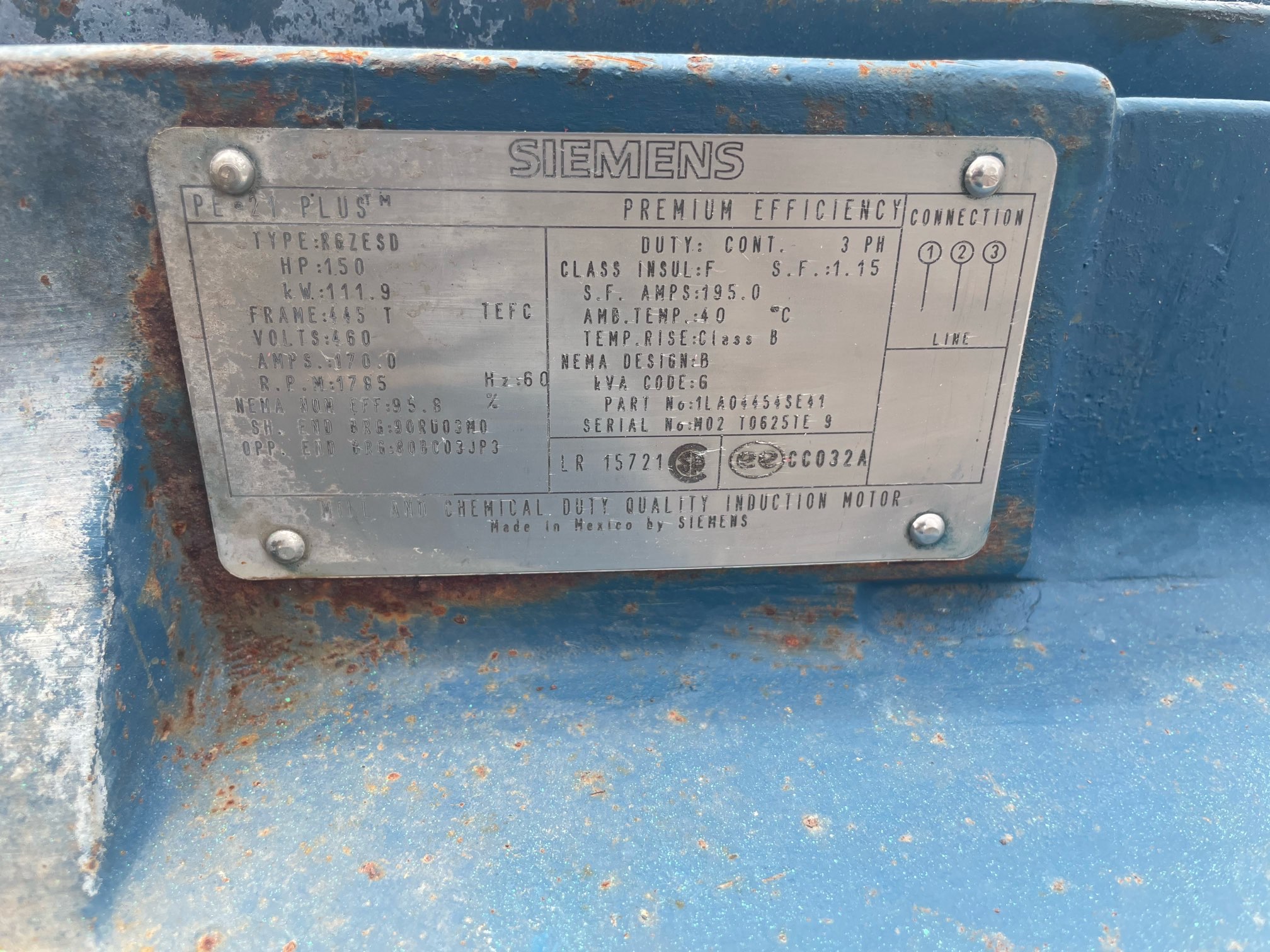 Siemens 150 HP 1800 RPM 445T Squirrel Cage Motors 90787