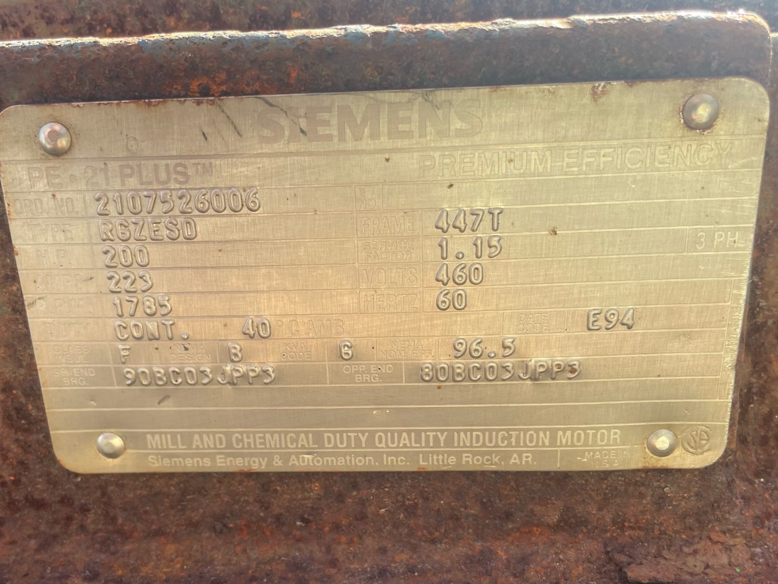 Siemens 200 HP 1800 RPM 447TZ Squirrel Cage Motors 90813