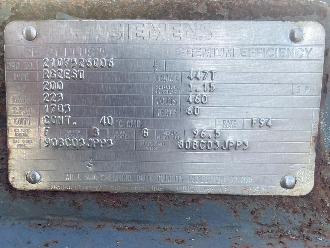 Siemens 200 HP 1800 RPM 447TZ Squirrel Cage Motors 90814