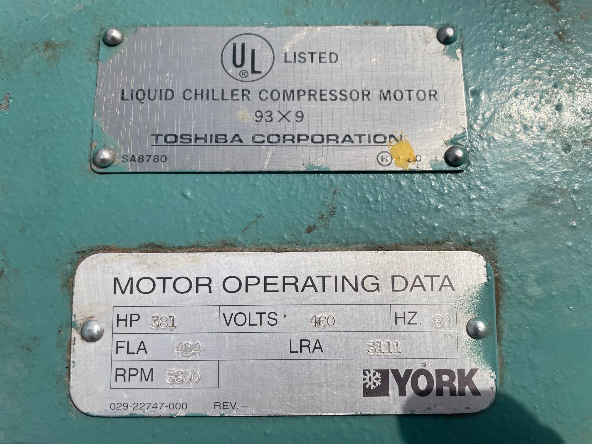 Toshiba 350 HP 3600 RPM 447TDZ Squirrel Cage Motors 90849