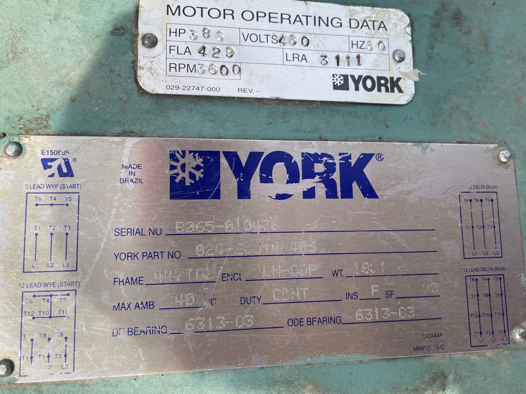 York 350 HP 3600 RPM 447TDZ Squirrel Cage Motors 90850