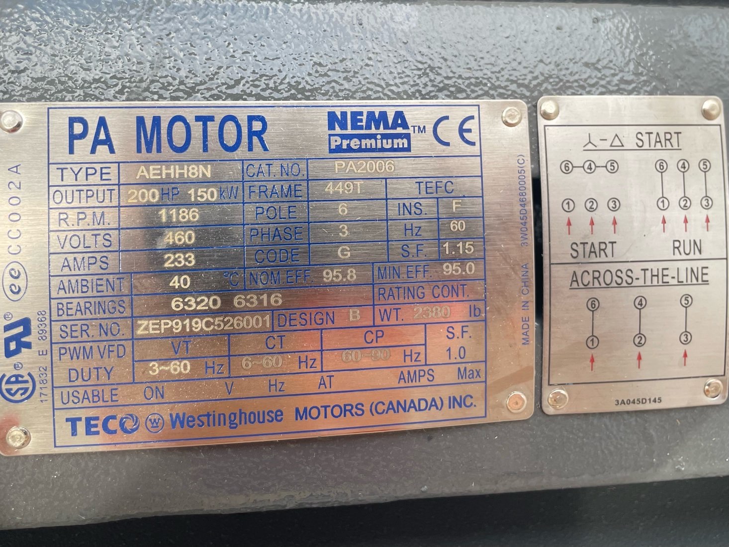 Teco Westinghouse 200 HP 1200 RPM 449T Squirrel Cage Motors 90858