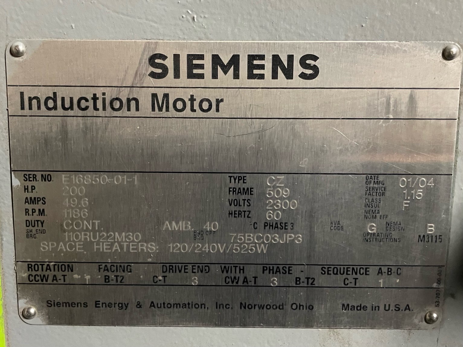 Siemens 200 HP 1200 RPM 509 Squirrel Cage Motors 91227