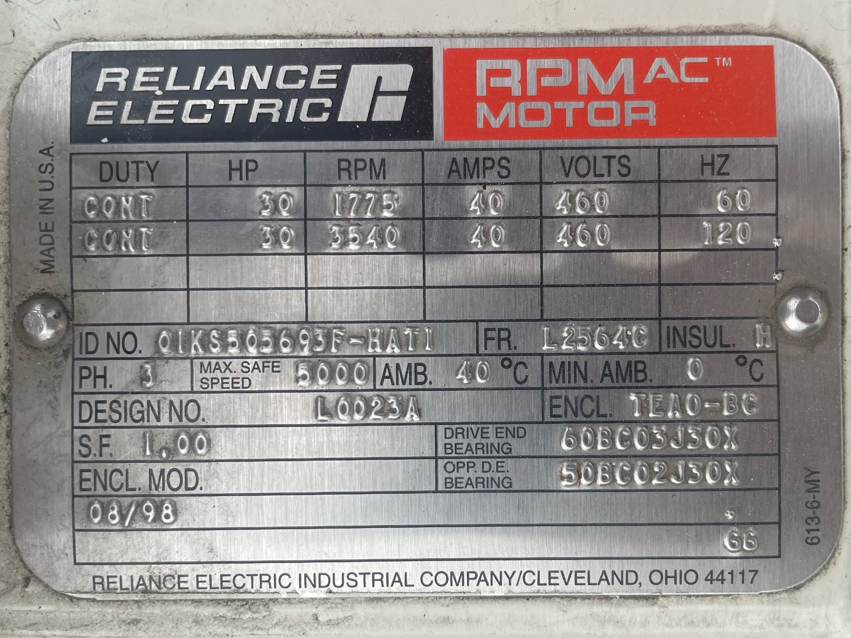 Reliance 30 HP 1800 RPM L2564C Squirrel Cage Motors 91278