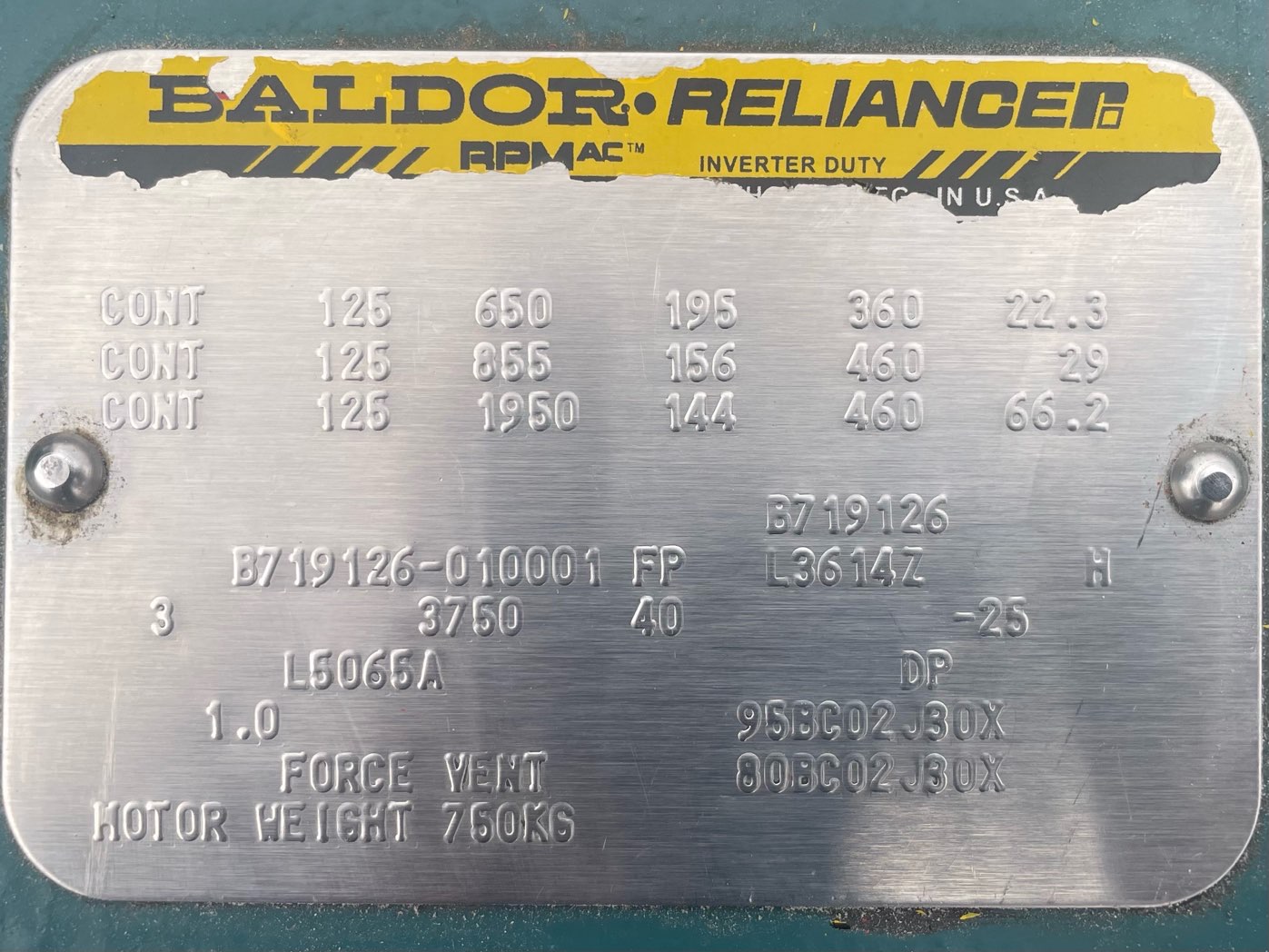 Baldor-Reliance 125 HP 1800 RPM L3614Z Squirrel Cage Motors 91284