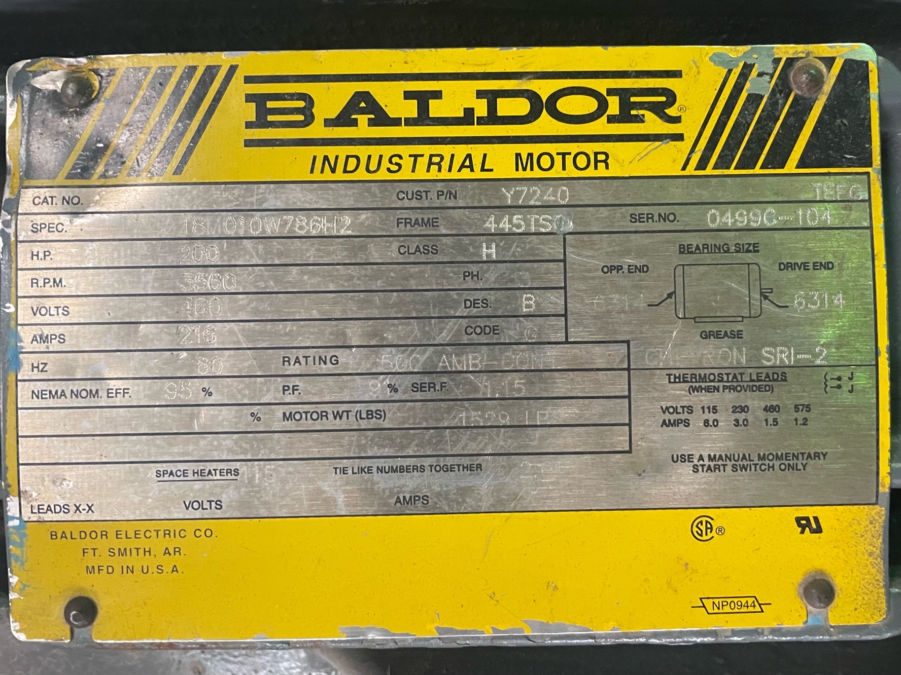 Baldor 200 HP 3600 RPM 445TS Squirrel Cage Motors 91320