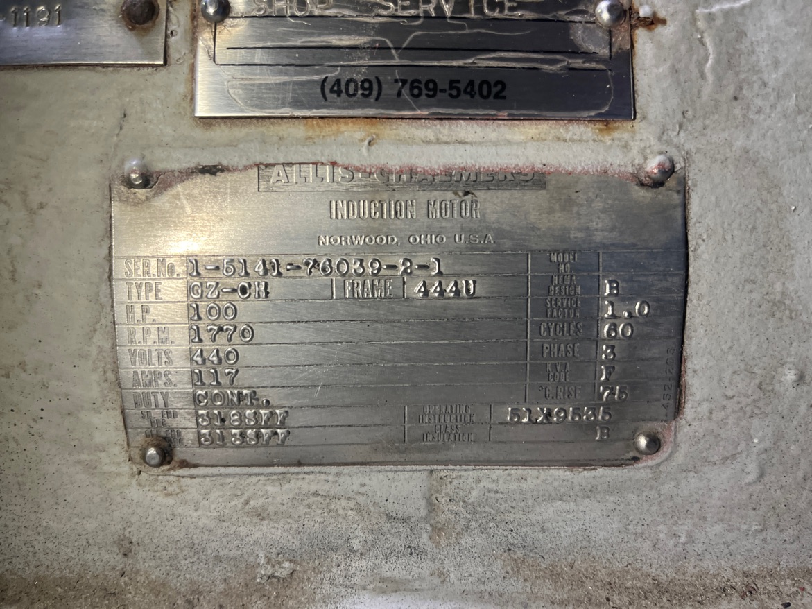 Allis-Chalmers 100 HP 1800 RPM 444U Squirrel Cage Motors 91356