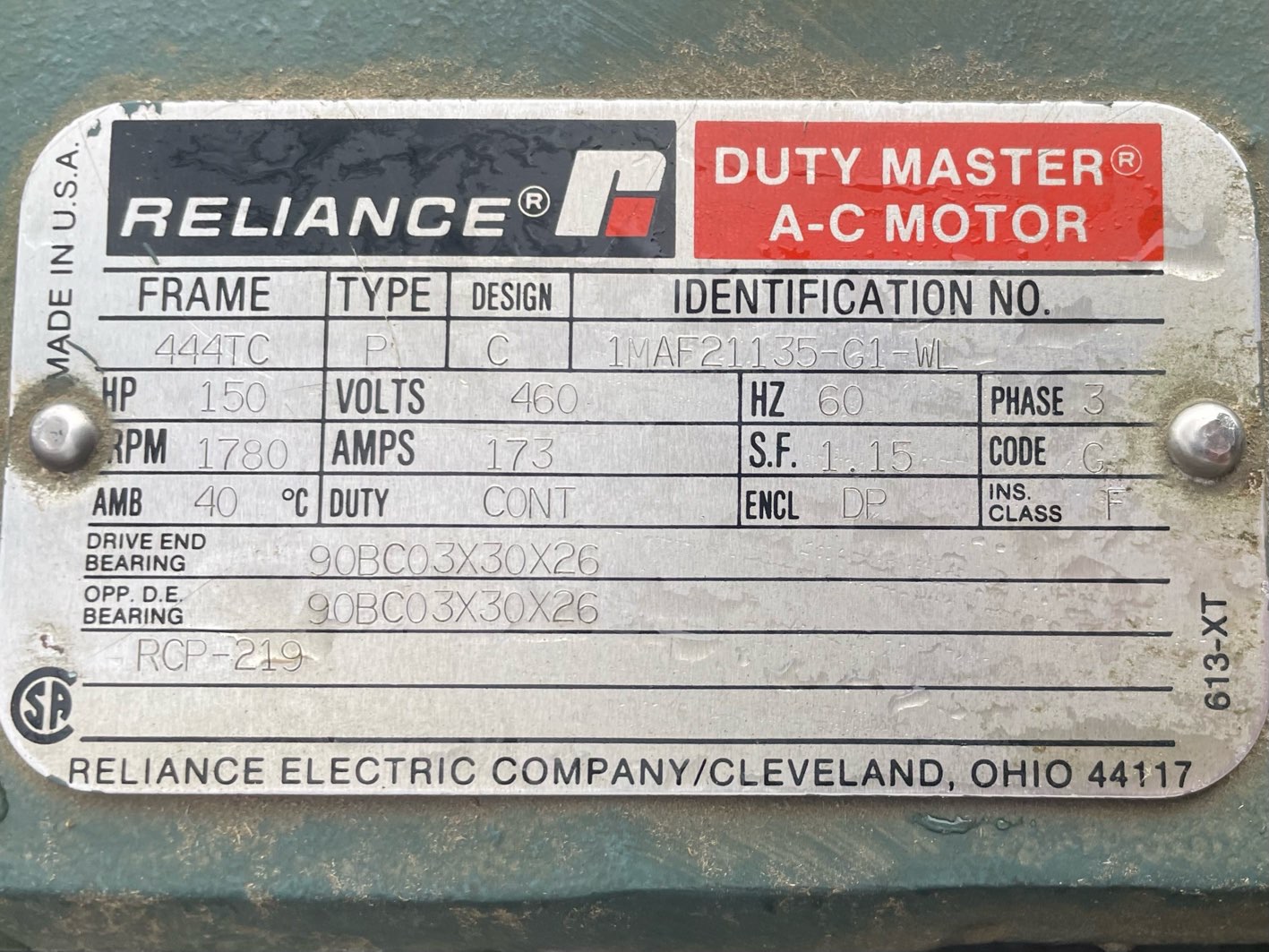 Reliance 150 HP 1800 RPM 444TCZ Squirrel Cage Motors 91377