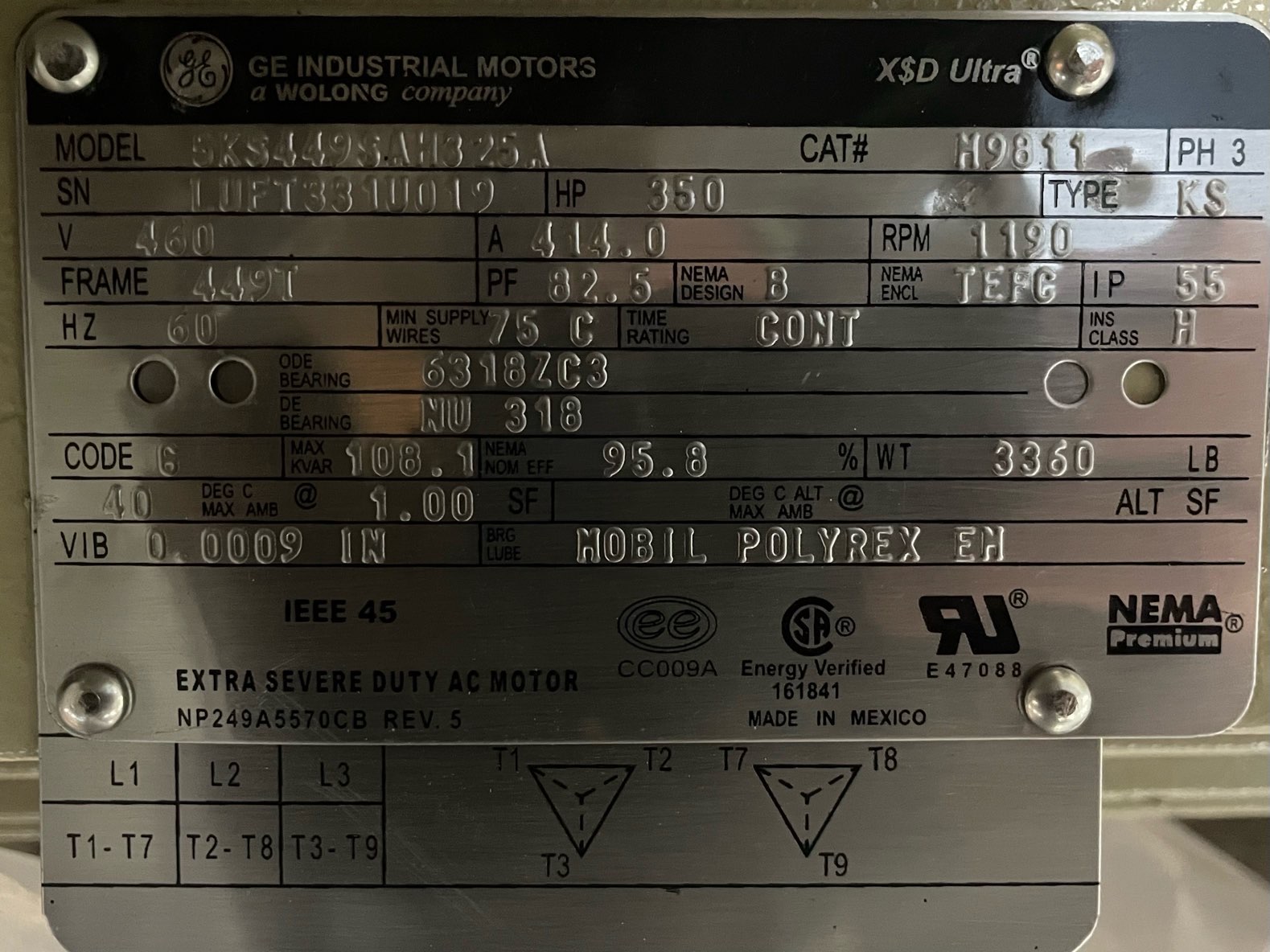 General Electric 350 HP 1200 RPM 449T Squirrel Cage Motors 91462
