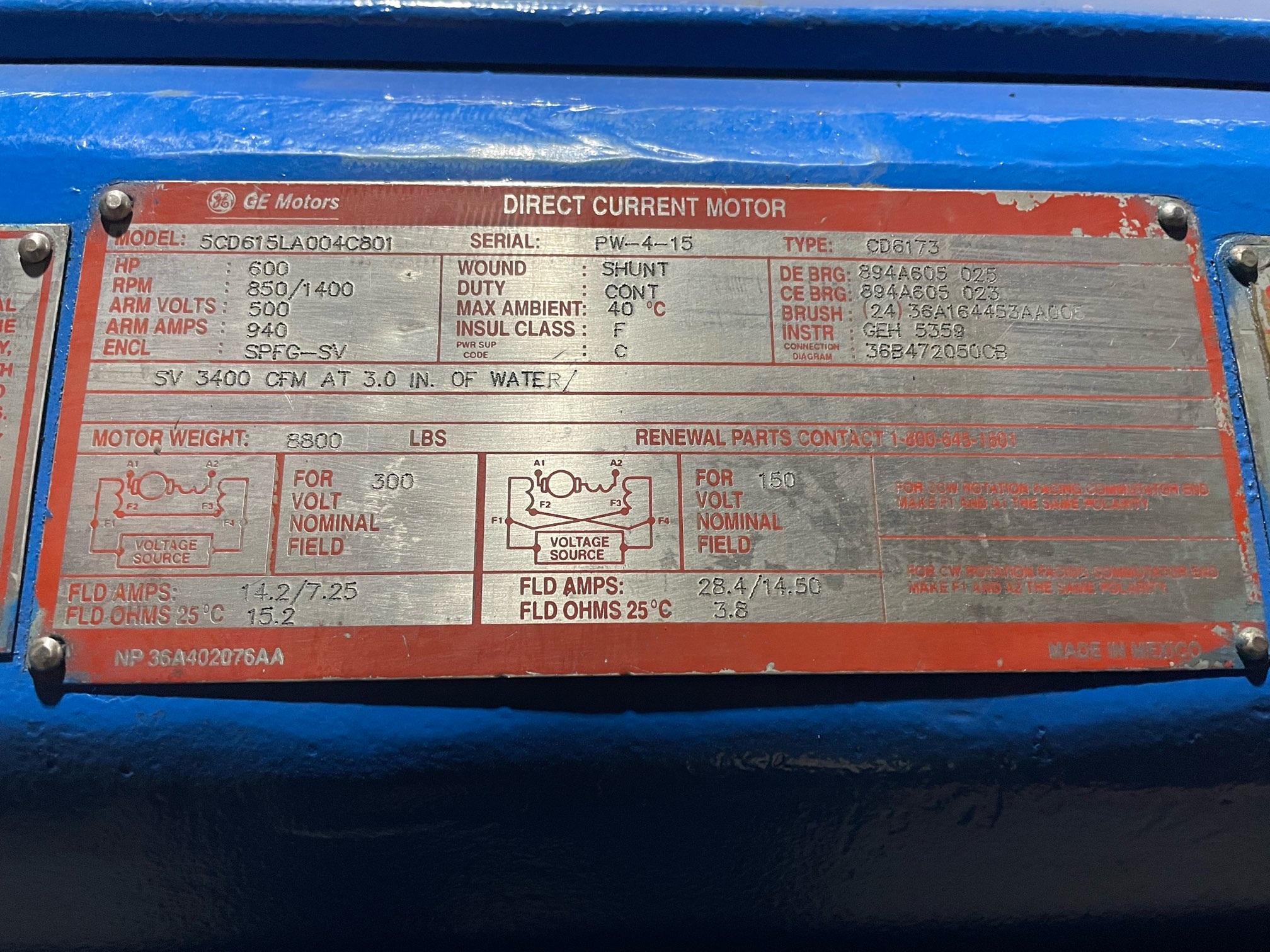 General Electric 600 HP 850/1400 RPM 6173 DC Motors 91595