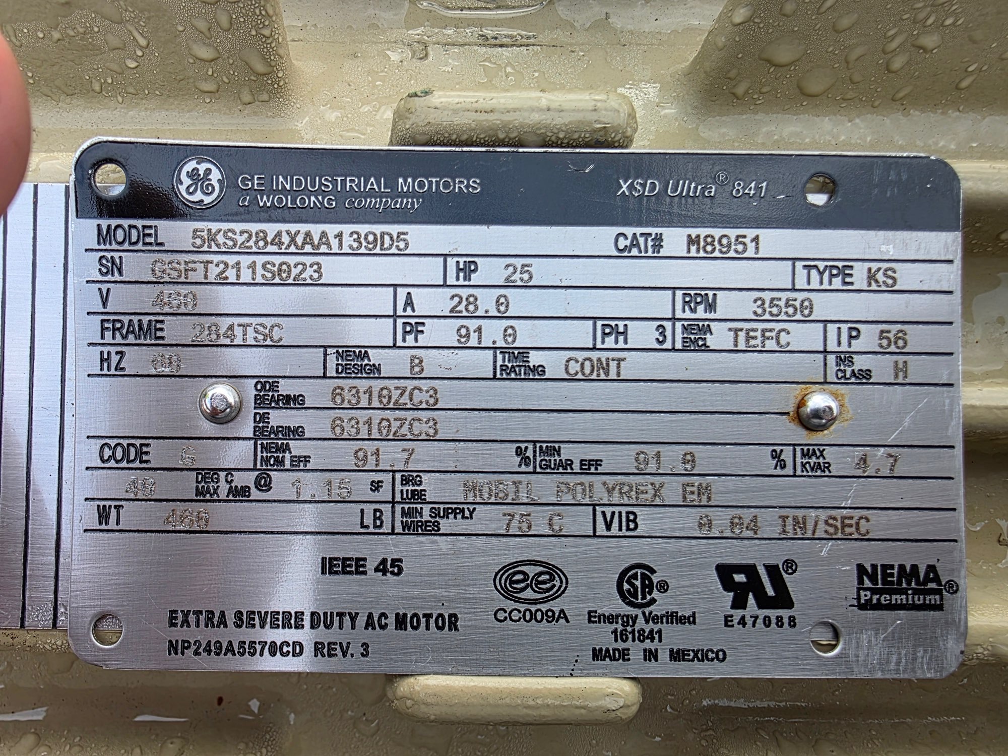 General Electric 25 HP 3600 RPM 284TSC Squirrel Cage Motors 91672