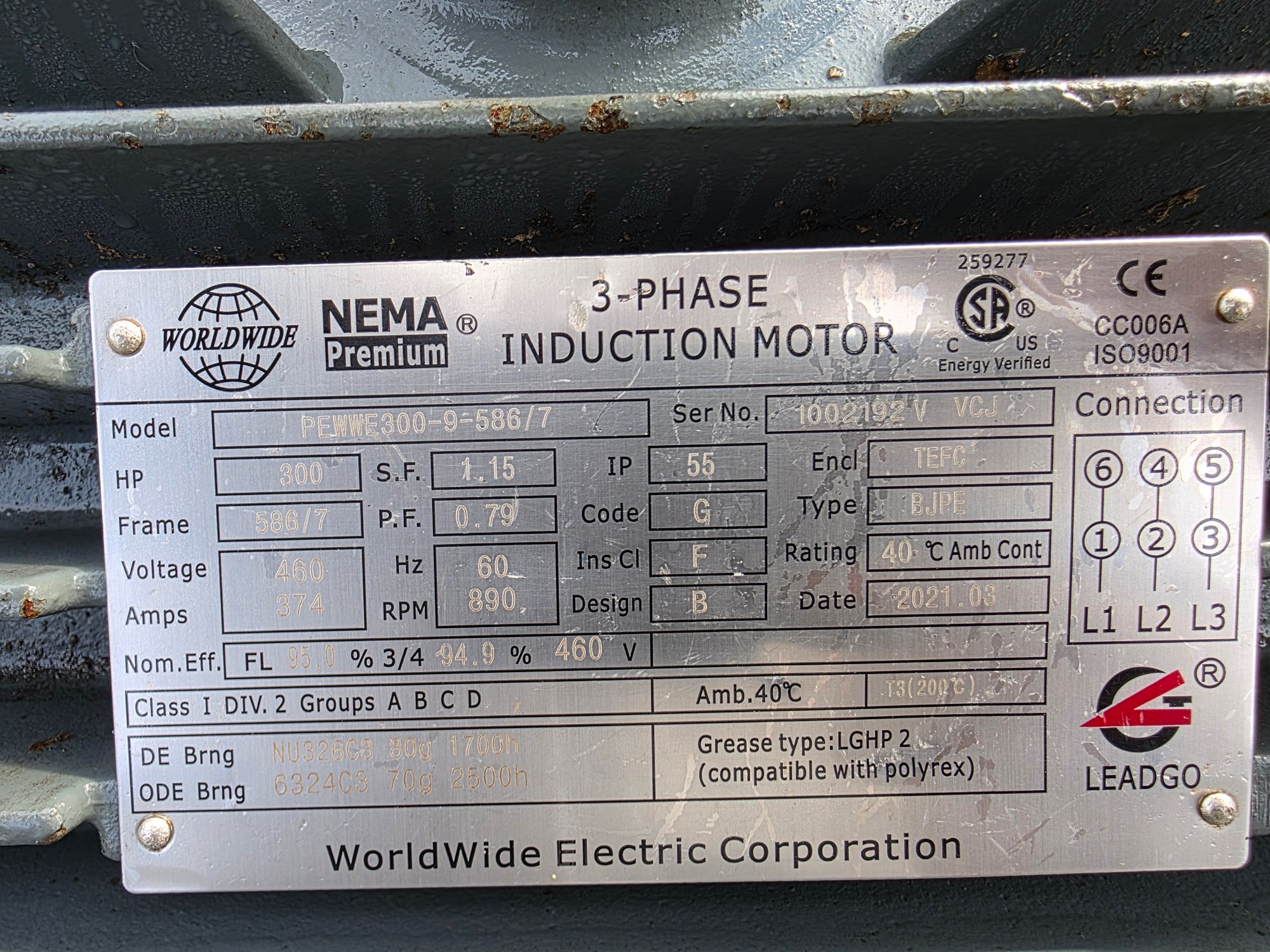 Worldwide 300 HP 900 RPM 586/7 Squirrel Cage Motors 91678