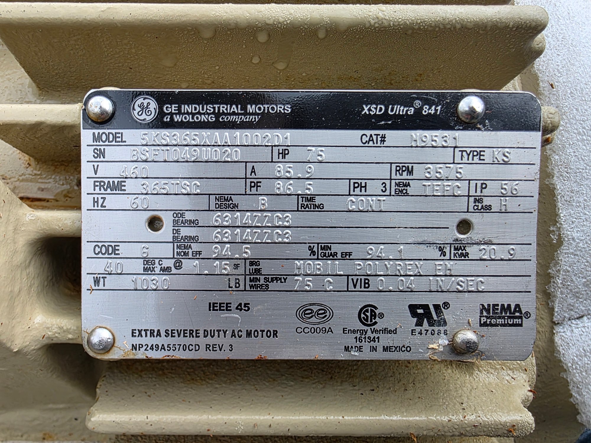 General Electric 75 HP 3600 RPM 365TSC Squirrel Cage Motors 91680