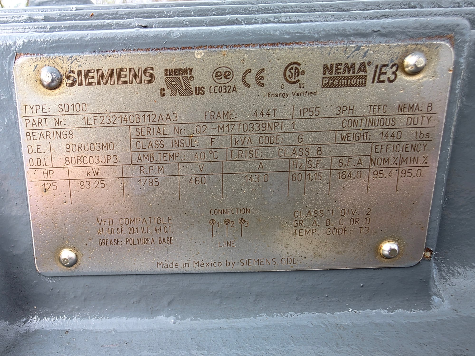 Siemens 125 HP 1800 RPM 444T Squirrel Cage Motors 91686
