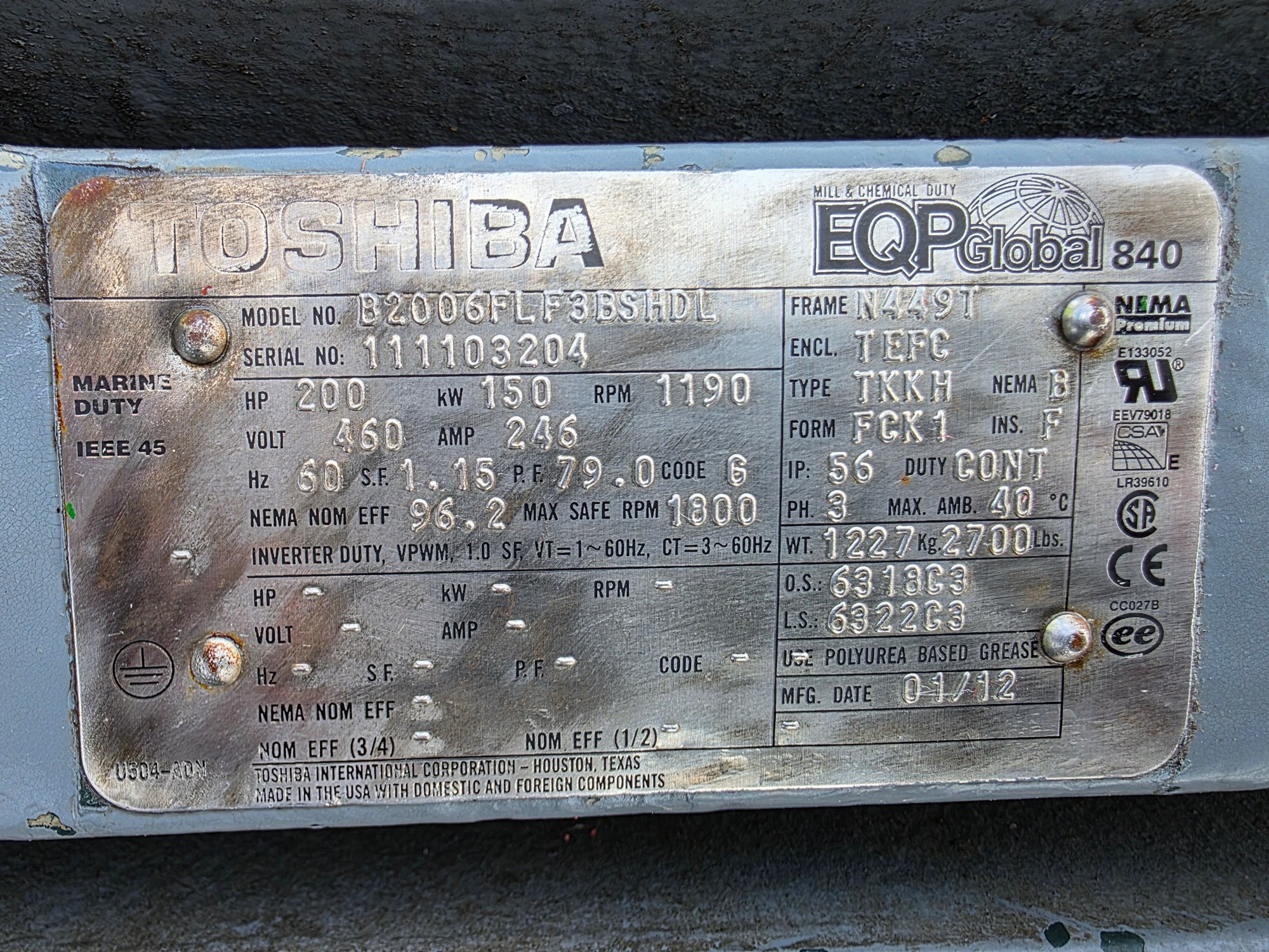 Toshiba 200 HP 1200 RPM 449T Squirrel Cage Motors 91688
