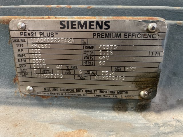 Siemens 100 HP 3600 RPM 405TS Squirrel Cage Motors 91713