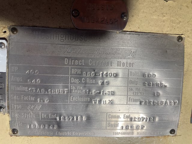 Westinghouse 400 HP 350/1400 RPM FBK848ASY DC Motors 91720
