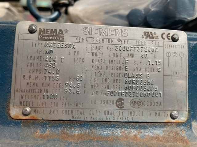 Siemens 60 HP 1200 RPM 404T Squirrel Cage Motors 91722