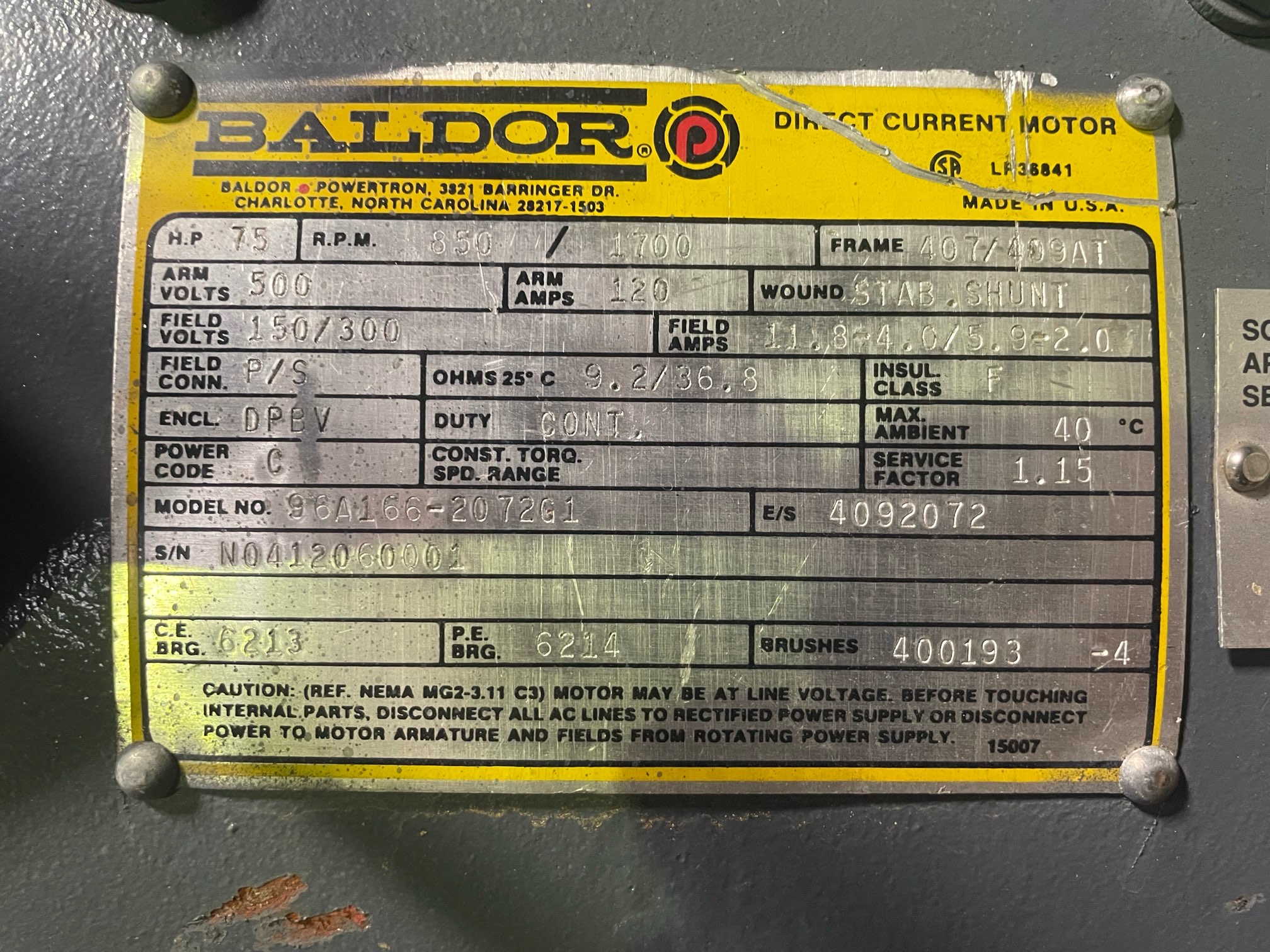 Baldor 75 HP 850/1700 RPM 407/9AT DC Motors 91725