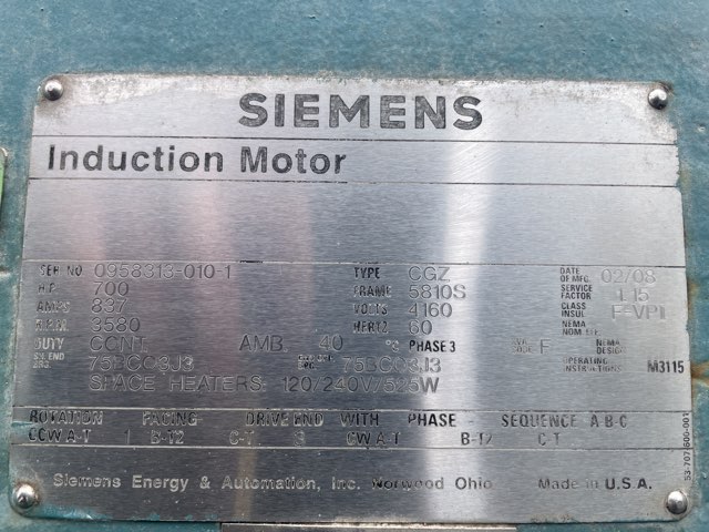 Siemens 700 HP 3600 RPM 5810S Squirrel Cage Motors 91731