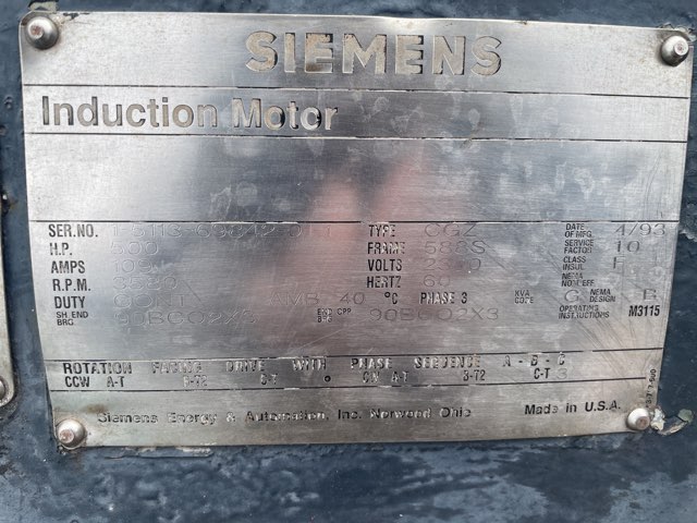 Siemens 500 HP 3600 RPM 588S Squirrel Cage Motors 91733