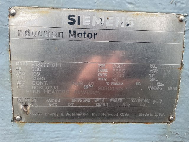 Siemens 500 HP 3600 RPM 588S Squirrel Cage Motors 91734