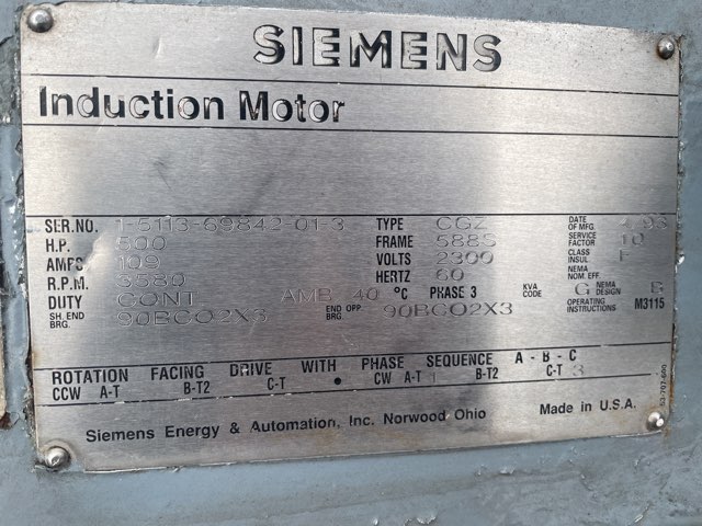 Siemens 500 HP 3600 RPM 588S Squirrel Cage Motors 91735