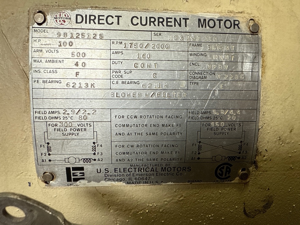 US Electric 100 HP 1750/2000 RPM 366AT DC Motors 91740