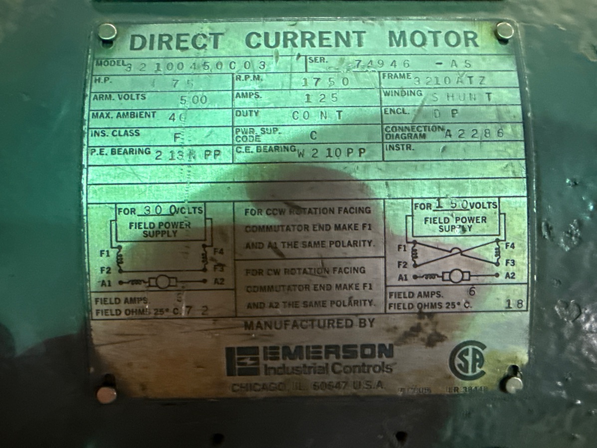 Emerson 75 HP 1750 RPM 3210ATZ DC Motors 91742