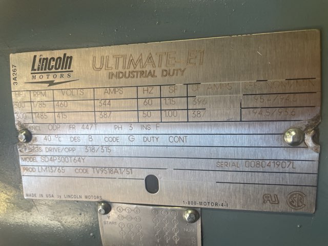 Lincoln 300 HP 1800 RPM 447T Squirrel Cage Motors 91746