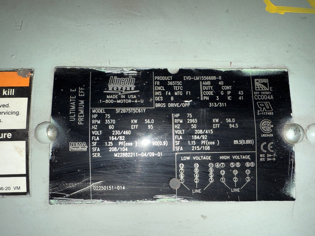 Lincoln 75 HP 3600 RPM 365TSC Squirrel Cage Motors 91750