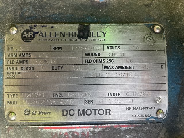 General Electric 150 HP 1750/2000 RPM 407AT DC Motors 91755
