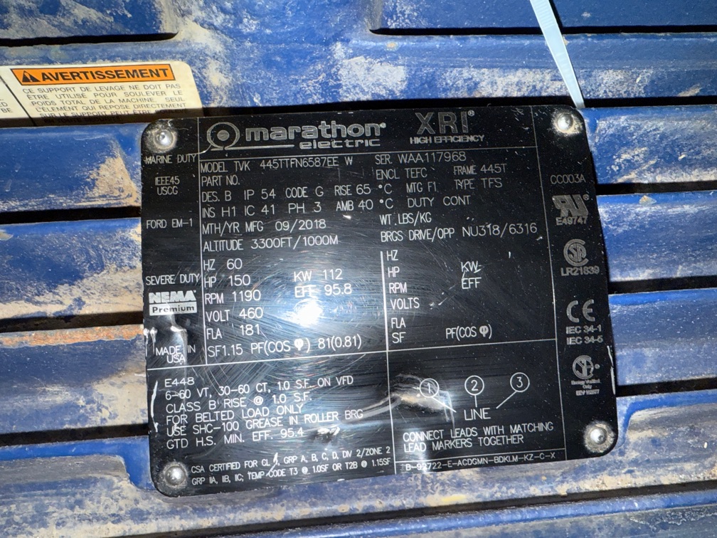 Marathon 150 HP 1200 RPM 445T Squirrel Cage Motors 91765