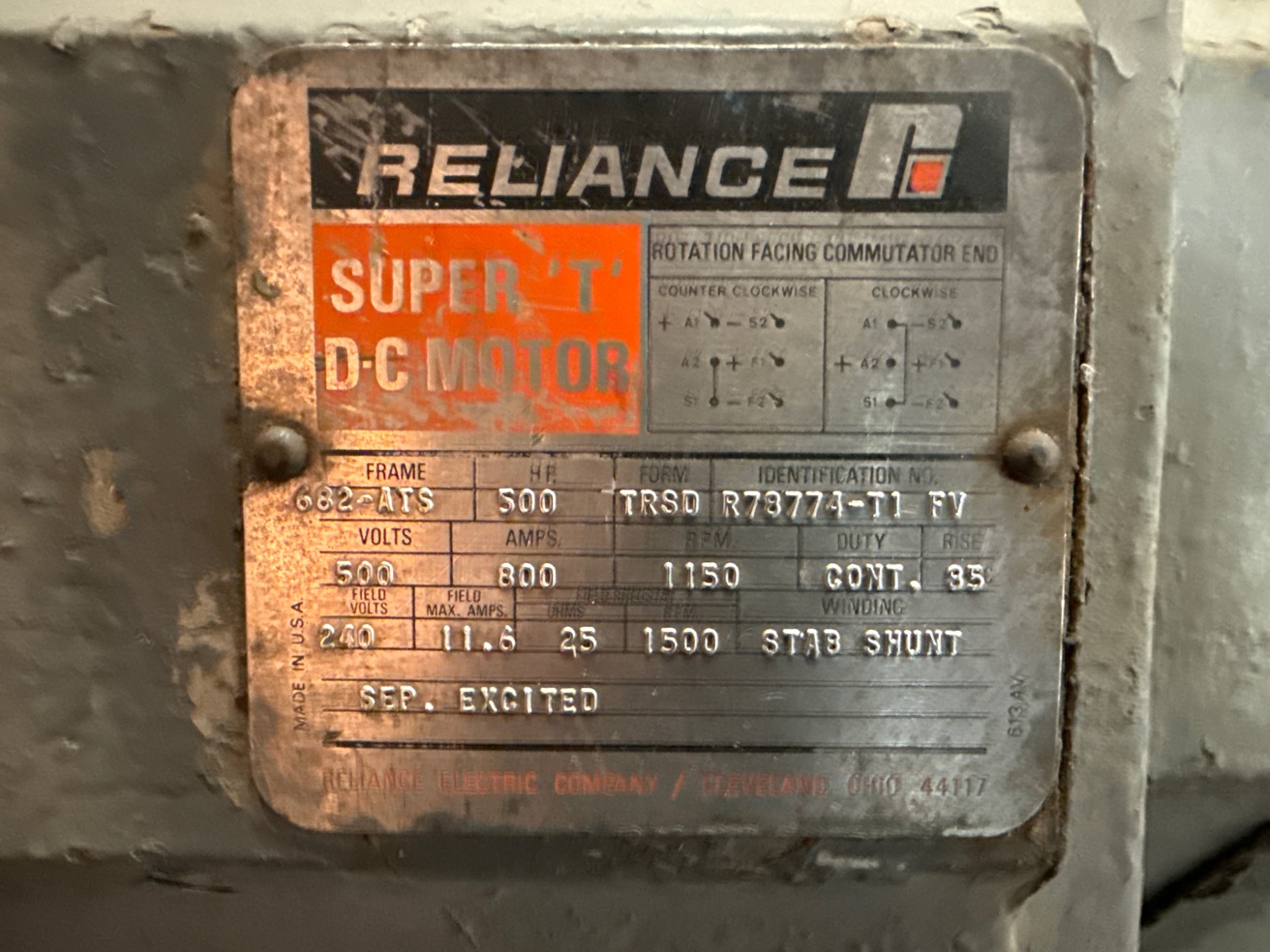 Reliance 500 HP 1150/1500 RPM 682ATS DC Motors 91768